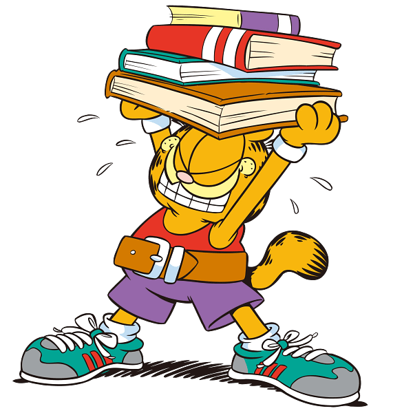 Garfield Struggling with Books Cartoon Graphic Garfield Struggling with Books Cartoon Graphic